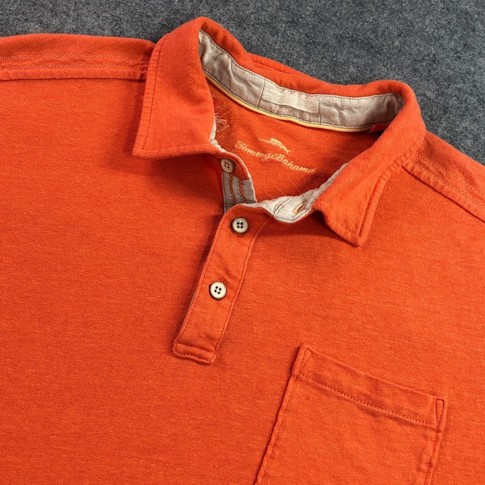 Tommy Bahama Mens Polo Shirt XL Orange Linen Cotton Blend Short Sleeve Pocket